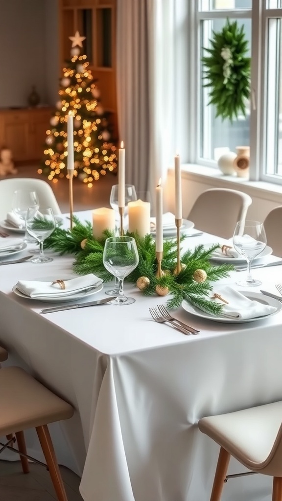 Modern Christmas table setting with white tablecloth, elegant dinnerware, geometric decor, and greenery.